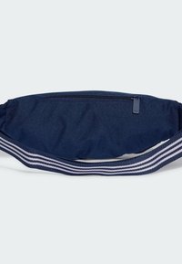 Navy blue nylon fanny pack with textured surface, horizontal zippered pocket, and striped fabric strap. Compact and rounded design.