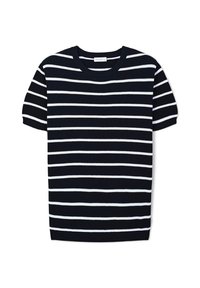 Navy- und weiß gestreiftes kurzärmliges Strickoberteil mit rundem Halsausschnitt, das horizontale Streifen und eine gerippte Textur aufweist.