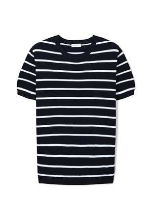 Maglietta a maniche corte a righe blu navy e bianche con scollatura rotonda, caratterizzata da righe orizzontali e una texture a costine.