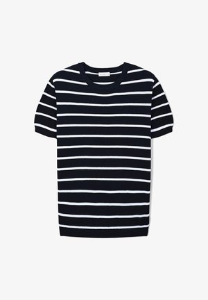Haut tricot à manches courtes rayé bleu marine et blanc avec un col rond, présentant des rayures horizontales et une texture côtelée.