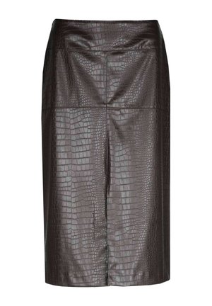Bruine kokerrok van imitatieleer met krokodillenstructuur, voorzien van een getailleerd ontwerp en een gladde afwerking, tot op de knie met eenvoudige stikseldetails.