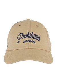 Cappellino da baseball beige in twill di cotone, con testo ricamato in blu navy "Proibito" e decorazioni a foglia.