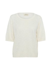 Haut en tricot couleur crème avec un col rond, des manches courtes et un tissu légèrement texturé pour plus de détail.