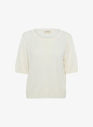 Kremkrāsas adīts tops ar apaļu kakla izgriezumu, īsām piedurknēm un nedaudz teksturētu audumu, kas piešķir papildus detaļas.