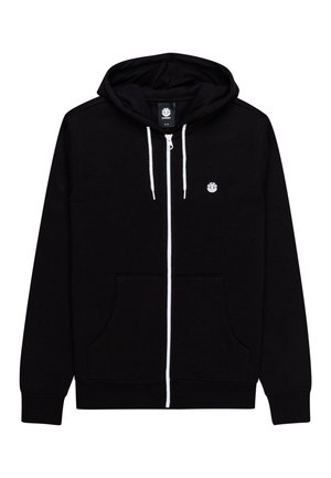 Haut à capuche zippé noir en tissu doux, avec un logo blanc sur la poitrine gauche, une fermeture éclair blanche, des cordons de serrage et des poches frontales.