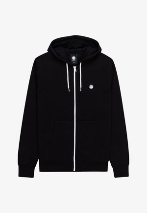 Felpa nera con zip realizzata in morbido tessuto, caratterizzata da un logo bianco sul lato sinistro del petto, zip bianca, cordini e tasche frontali.