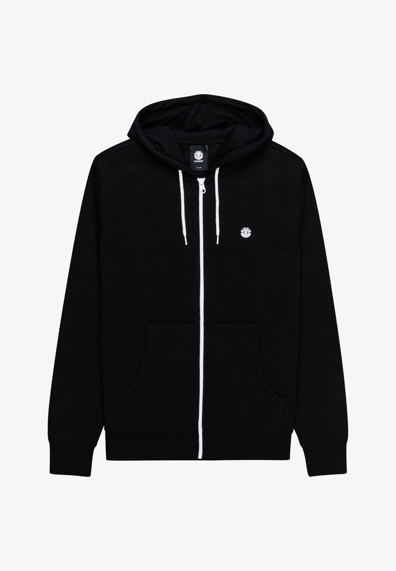 Felpa nera con zip realizzata in morbido tessuto, caratterizzata da un logo bianco sul lato sinistro del petto, zip bianca, cordini e tasche frontali.