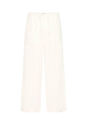 Hvite bukser med vide ben, elastisk midje og snor til stramming, laget av lett stoff.