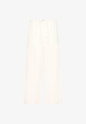 Hvite bukser med vide ben, elastisk midje og snor til stramming, laget av lett stoff.