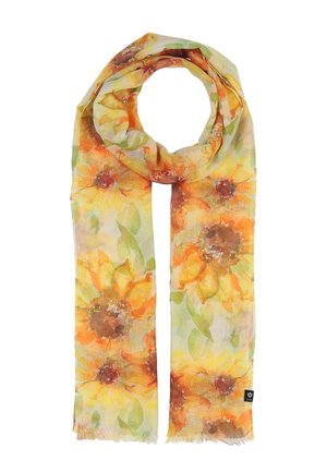 Lightweight scarf with large yellow and orange sunflower print and green leaves on a cream background, fringed edges.