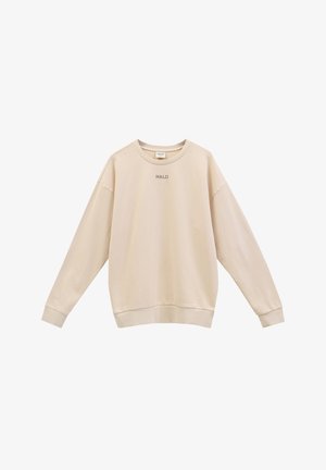 Beige sweatshirt met een ronde hals, verlaagde schouders en ribgebreide manchetten. Bevat het geborduurde 'HALO' logo in donkere draad op de borst.