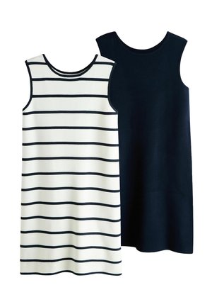 Deux robes droites sans manches, une noire unie et une blanche à rayures horizontales noires, présentées sur un fond blanc.