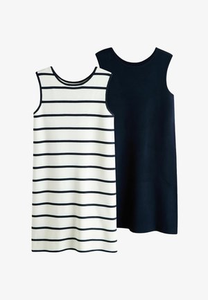 Două rochii fără mâneci, una neagră simplă și una albă cu dungi orizontale negre, expuse pe un fundal alb.