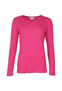 Langärmliges Oberteil in leuchtendem Pink mit horizontalen lila Streifen. Verfügt über einen runden Halsausschnitt und einen weichen, strukturierten Stoff.