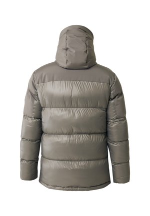 Padded hooded jacket w kolorze stonowanej szarości, wykonana z pikowanego materiału, o gładkiej teksturze i lekko błyszczącej powierzchni. Prosty, zorganizowany design.