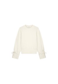 Witte lange mouwen sweatshirt met ronde hals, geribde boorden en zoom, en strikjes op elke mouw nabij de polsen.