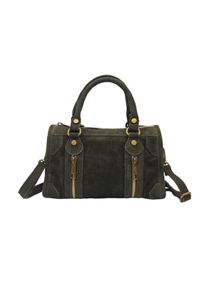 Sac à main en daim vert foncé avec deux poignées supérieures, quincaillerie dorée et deux poches zippées à l'avant. Il est doté d'une bandoulière réglable.
