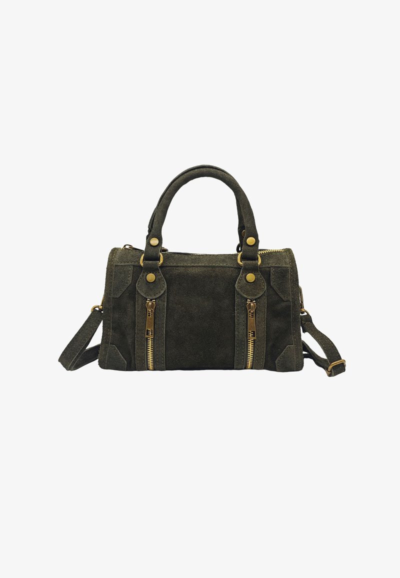 Sac à main en daim vert foncé avec deux poignées supérieures, quincaillerie dorée et deux poches zippées à l'avant. Il est doté d'une bandoulière réglable.