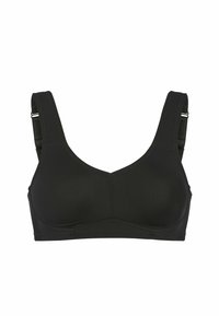 Musta rintaliivi, jossa on leveät hihnat, pehmeä kangas ja sileä pinta. Ominaisuuksiin kuuluu V-muotoinen pääntie ja ei näkyvää metalliosaa.