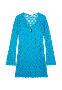 Rochie albastră din dantelă cu decolteu în V, mâneci lungi și tiv feliat. Prezintă un model texturat cu detalii din dantelă deschisă pe întreaga suprafață.