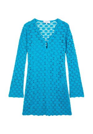 Robe en dentelle bleue avec un décolleté en V, des manches longues et un ourlet en feston. Présente un motif texturé avec des détails en openwork tout au long.