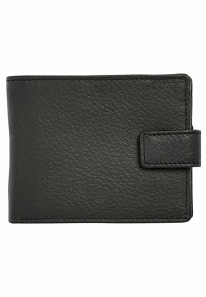 Portefeuille en cuir noir avec une surface texturée, de forme rectangulaire et fermeture à bouton-pression. Comprend des coutures soignées et un design minimaliste.