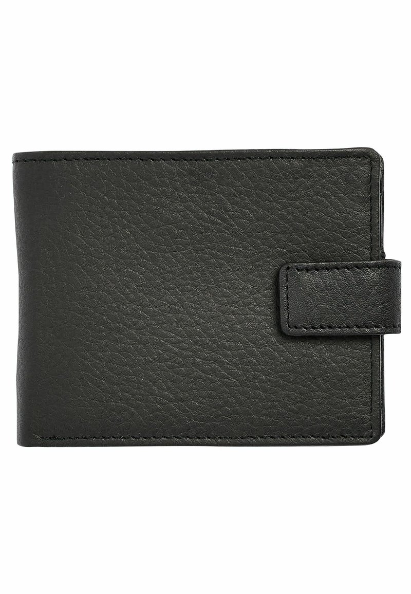 Portefeuille en cuir noir avec une surface texturée, de forme rectangulaire et fermeture à bouton-pression. Comprend des coutures soignées et un design minimaliste.