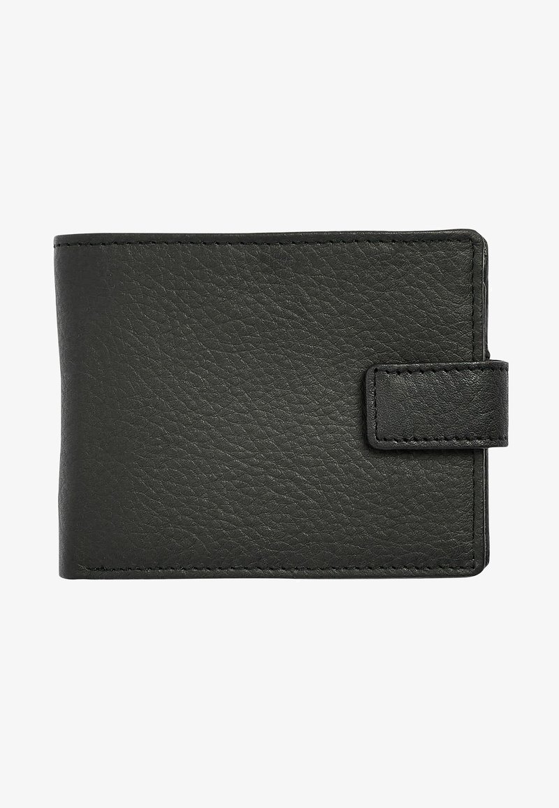 Portafoglio in pelle nera con superficie testurizzata, forma rettangolare e chiusura a bottone. Caratterizzato da cuciture ordinate e un design minimalista.