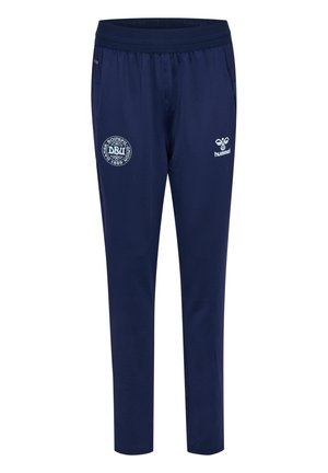 Marineblå sportsbukser med elastisk talje, Dansk Boldspil-Union (DBU) logo på venstre lår og hvid hummel-logo på højre lår.