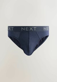 Slip homme bleu marine avec large ceinture élastique portant le texte "NEXT" en gris clair, présenté sur un fond clair uni.