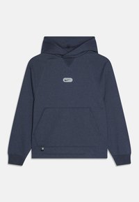 Sudadera con capucha de color azul marino, con un bolsillo frontal, hecha de una tela suave. Presenta un logotipo reflectante de Nike en el pecho y puños acanalados.