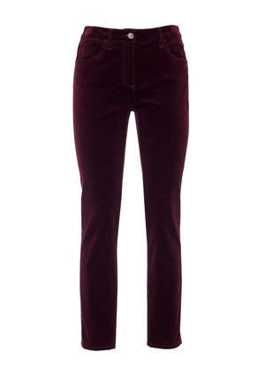 Pantalons en velours bordeaux à coupe slim, avec fermeture à bouton, cinq poches, couture contrastée jaune et design à longueur de cheville.