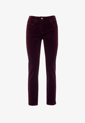 Burgundy velvet pants with a slim fit, featuring a button closure, five pockets, contrast yellow stitching, and ankle-length design.