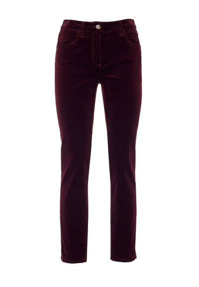 Burgundijas zīda bikses ar slim fit, ar pogu aizdari, piecām kabatām, kontrastējošiem dzelteniem diegiem un potītes garuma dizainu.