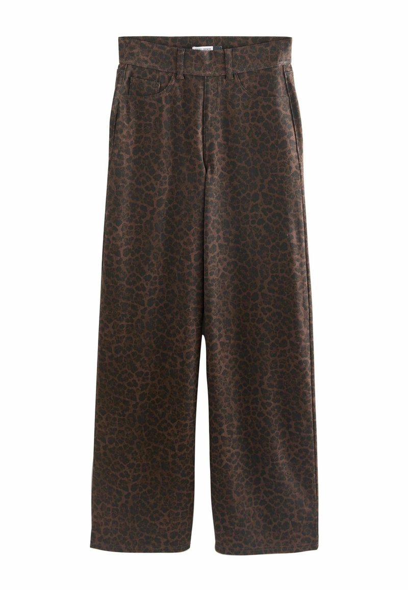 Wide-leg trousers in a brown fabric featuring a black leopard print pattern. Includes front pockets and a standard waistband.