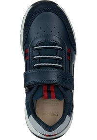 Sneaker blu scuro con strap in velcro, caratterizzato da morbidi dettagli a righe rosse e bianche e forature sulla punta. Rivestimento interno morbido e imbottito.