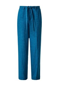 Pantalon bleu en lin à coupe décontractée, avec une taille nouée, des jambes larges et un tissu texturé. Agrémenté de poches latérales.