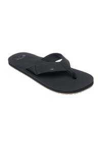 Schwarze Flip-Flops mit strukturiertem Fußbett, Gummisohle und Textilriemen. Sie zeichnen sich durch ein minimalistisches Design und dezente Markenkennzeichnung auf dem Fußbett aus.