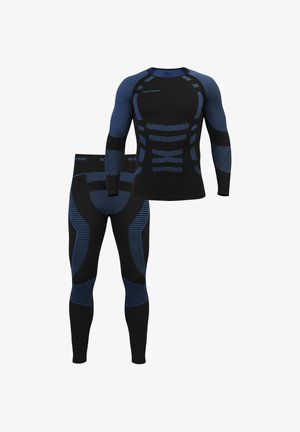 Long-sleeve black and blue sports top and matching leggings, featuring textured patterns, fitted design, and contrasting blue accents.