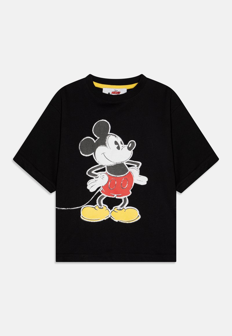 Crna pamučna majica s vintage grafikom Mickey Mousea u crvenoj, žutoj i bijeloj boji. Kratki rukavi i okrugli izrez.