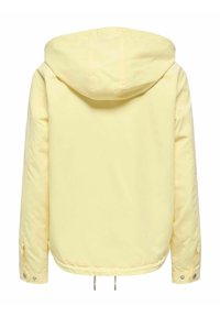 Veste à capuche jaune pâle à manches longues, avec poignets boutonnés et cordons ajustables à l'ourlet, vue de dos.