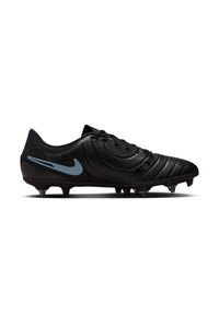 Black soccer cleat with a textured finish, lace-up design, curved silhouette, and light blue Nike logo accent. Features molded studs.