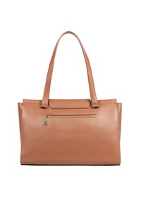 Sac fourre-tout en cuir tan avec deux longues poignées, doté d'une poche zippée à l'avant et d'une forme rectangulaire structurée. Texture lisse.