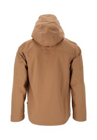 Brun huva jacka i flexibelt tyg; har en rak skärning, sydda detaljer och en bakseam för en skräddarsydd passform.