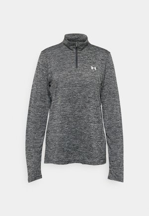 Gray long-sleeve quarter-zip pullover with a textured fabric and a small logo on the left chest area. Flat collar and straight hem design.