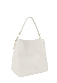 Borsa a tracolla in pelle bianca con una finitura morbida e testurizzata. Presenta una singola tracolla curva e un sottile logo dettagliato sul davanti.