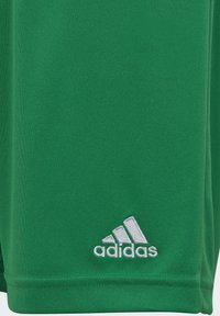 Groene sportshorts van gladde stof, met een witte geborduurde Adidas-logo in de onderste hoek en nette stiksels langs de randen.