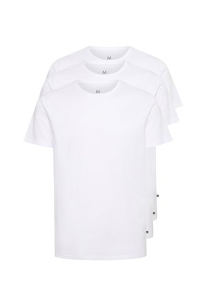 Drei weiße Baumwoll-T-Shirts mit Rundhalsausschnitt und kurzen Ärmeln, die einen geraden Schnitt und eine minimale Markenkennzeichnung am Saum aufweisen.