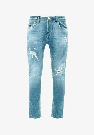 Hellblaue Slim-Fit-Jeans aus Denim mit verwaschenen Stellen und Distressed-Patches. Fünf-Taschen-Design und Knopfverschluss an der Taille.