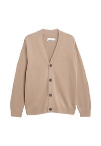 Beige cardigan met een V-hals, lange mouwen en vijf donkere knopen aan de voorkant. Zachte stof met een subtiele textuur en een logo detail.